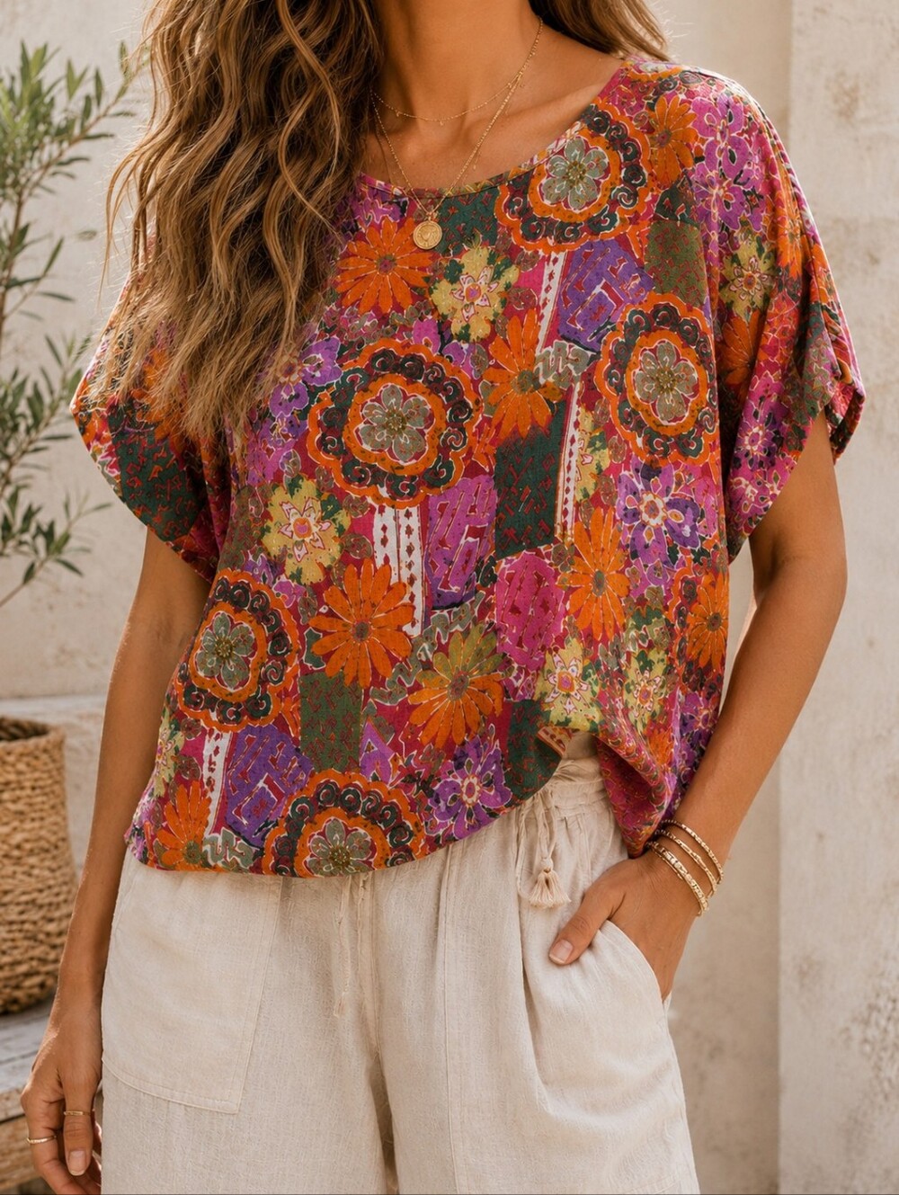 100% Linen Nicole Miller Floral Bohemian Top Medium Vibrant Art Print